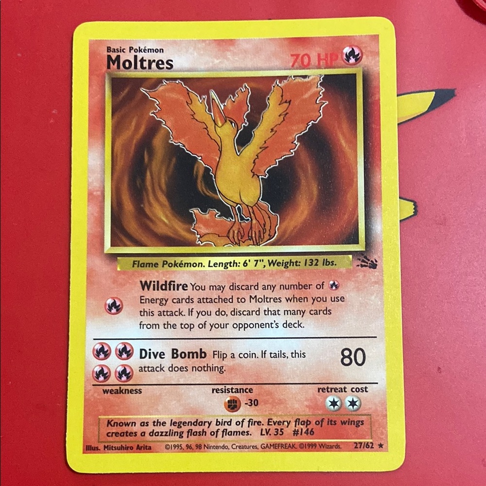 Moltres 27/62 1999 Fossil Set Pokemon Card Vintage WOTC Non Holo Rare